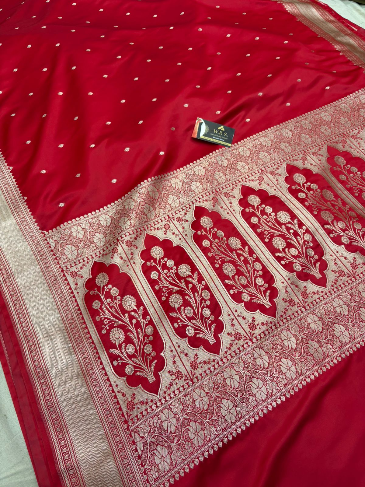 Red mushru banarasi silk saree lite copper