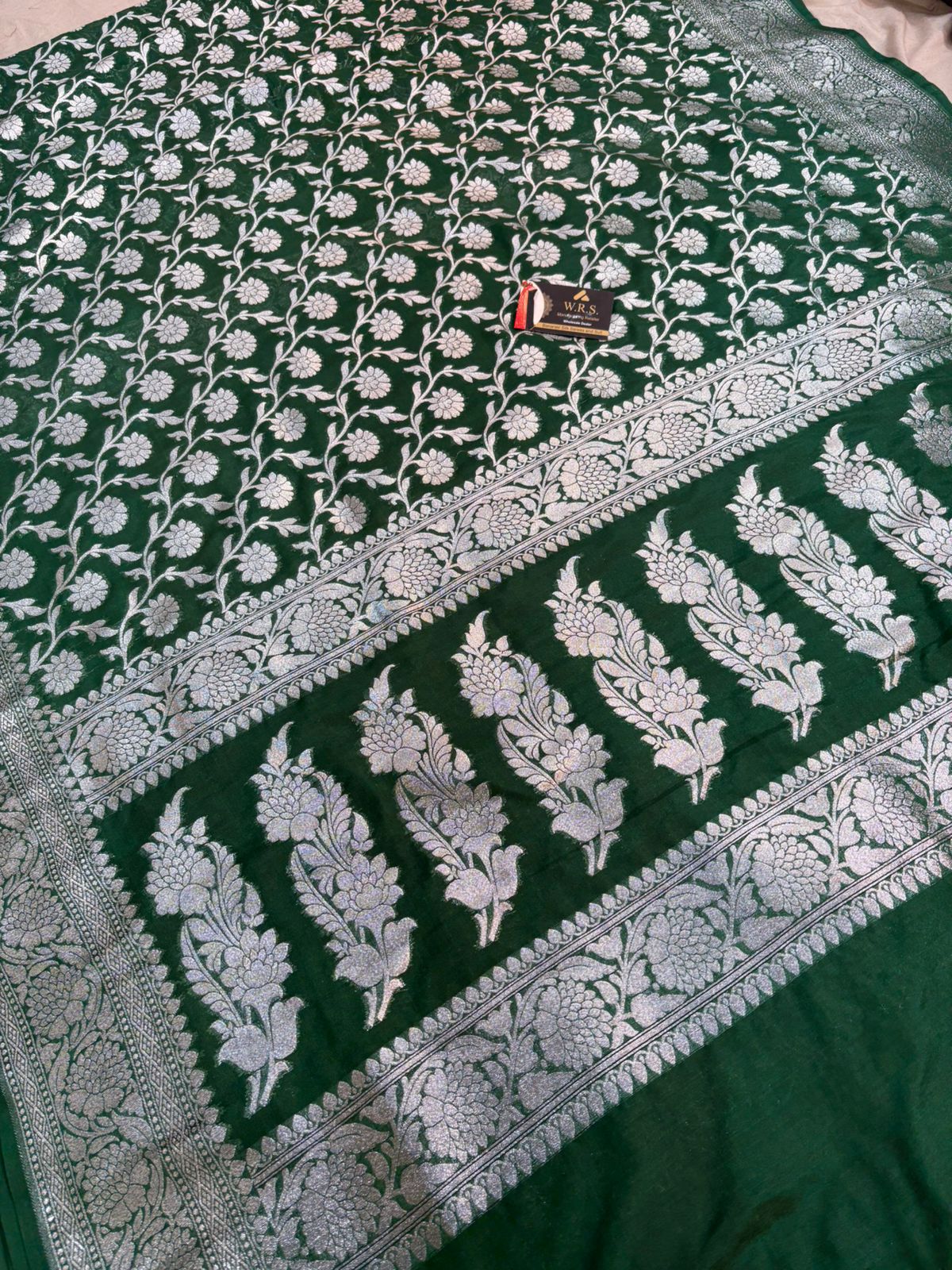 Bottle green katan georgette banarasi silk saree flower jaal