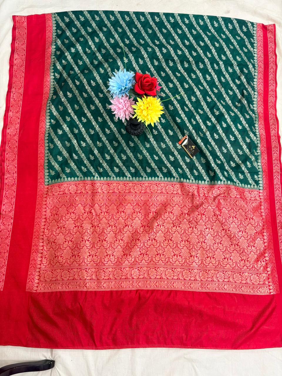 Bottle green worm banarasi silk saree ada buti blouse zari work