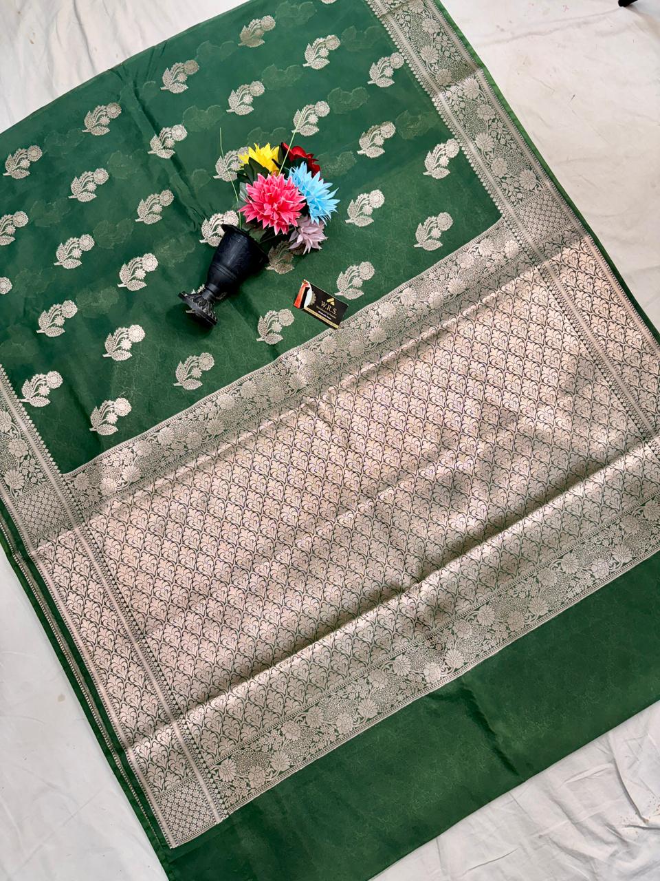 Rama Green Viscose Banarasi Saree with Jacquard Zari Work