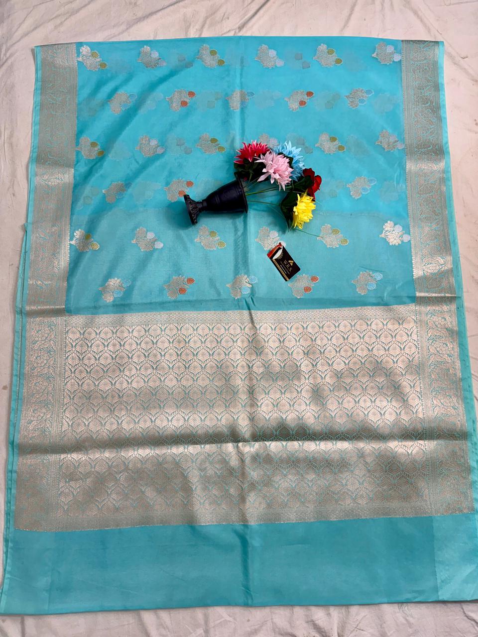 Sky Blue Viscose Banarasi Saree with Jacquard Zari Work