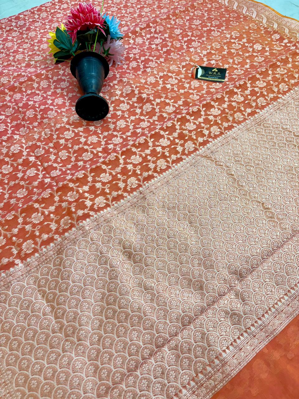 Orange Alfi Cotton Banarasi Saree with Jacquard Work