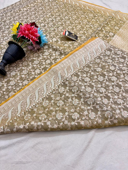 Beige Alfi Cotton Banarasi Saree with Jacquard Work