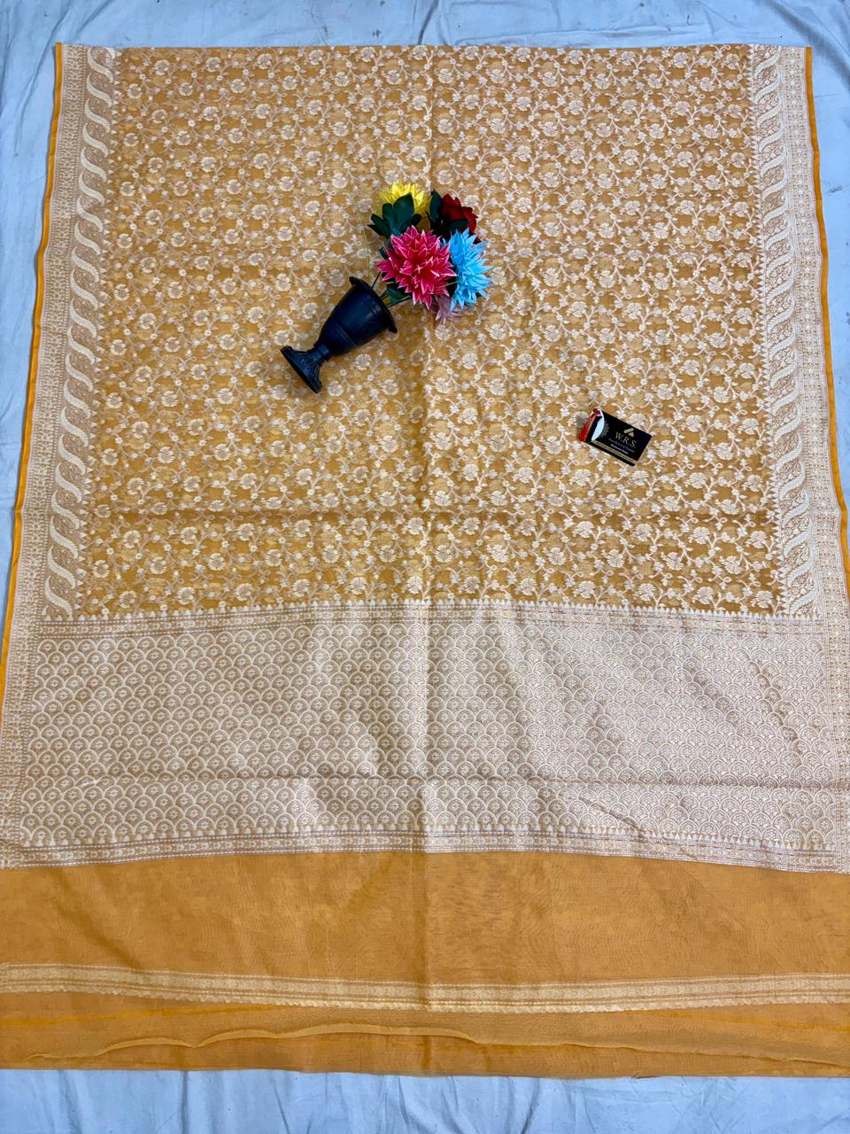 Mustard Gold Alfi Cotton Banarasi Saree with Jacquard Work