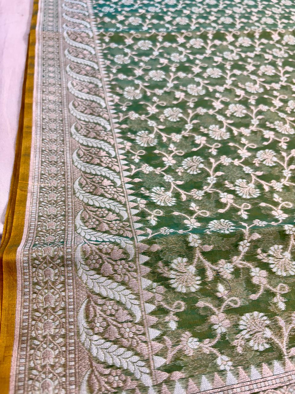 Pista Green Alfi Cotton Banarasi Saree with Rich Jacquard Weaving