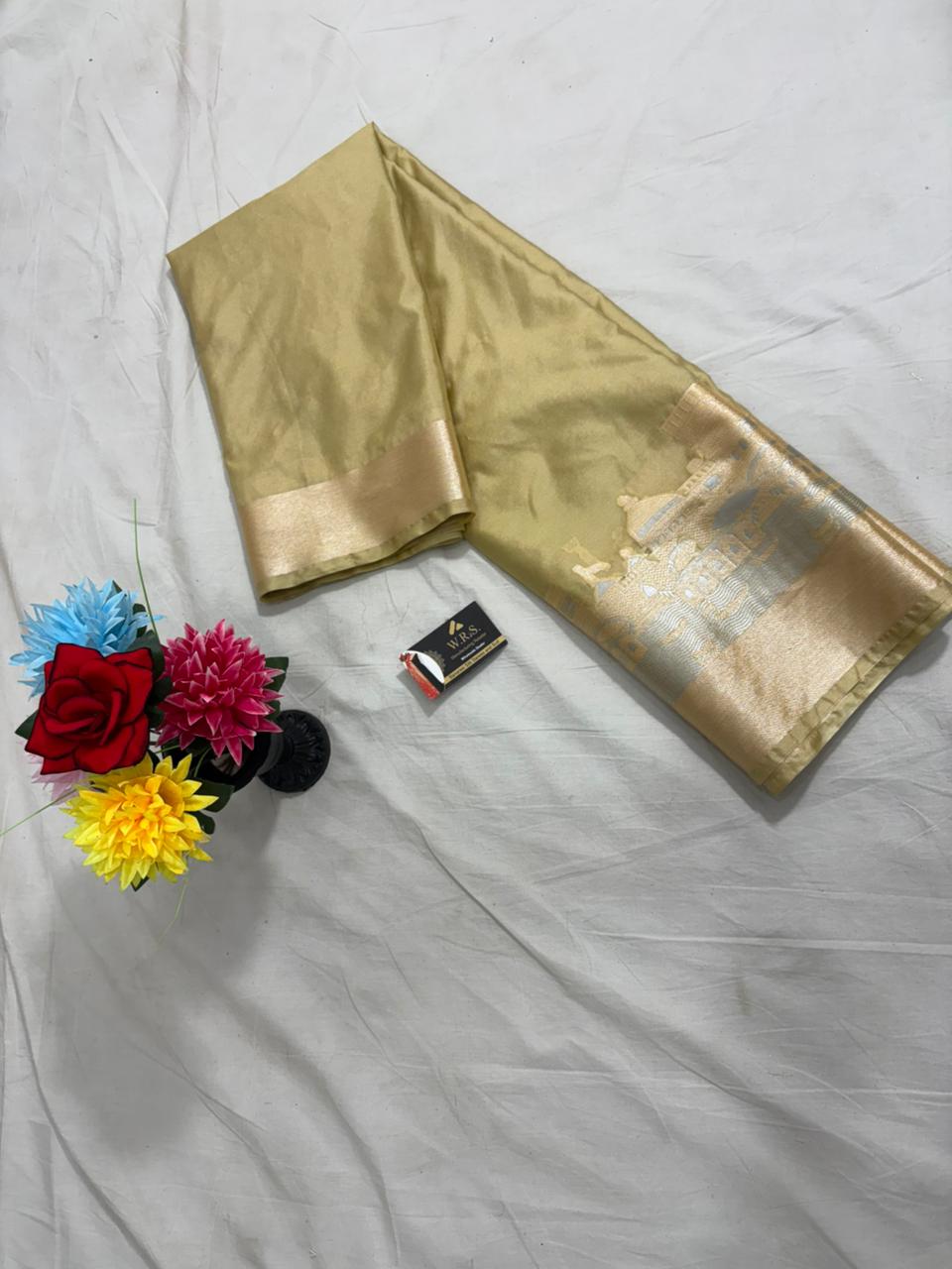 Golden Beige Katan Georgette Banarasi Saree – Elegant Banaras Ghat Design