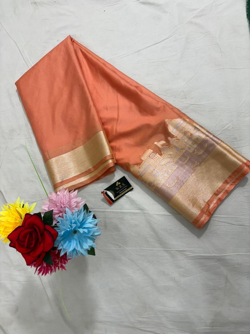 Peach Katan Georgette Banarasi Saree – Elegant Banaras Ghat Design