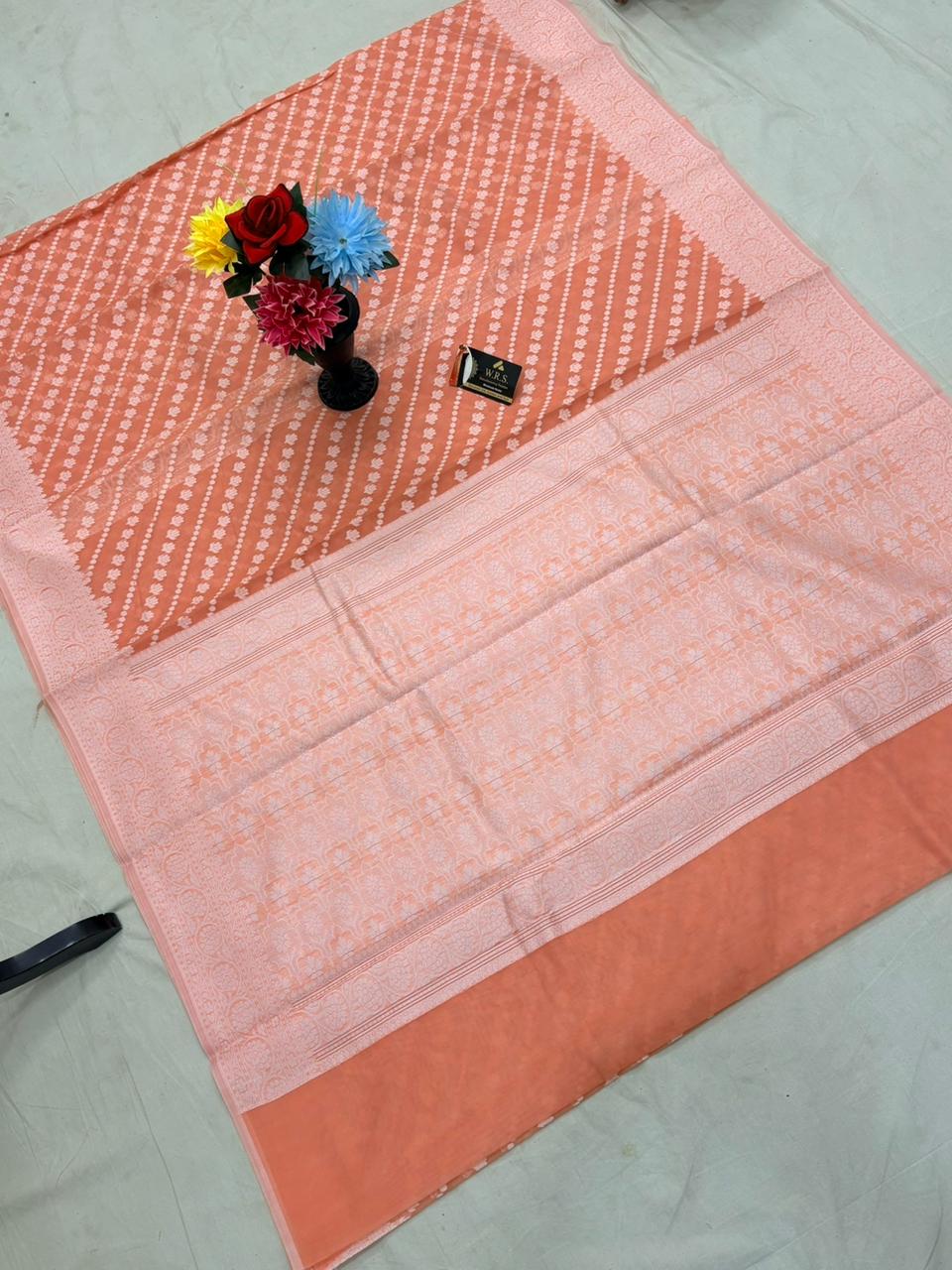 Peach Cotton Ada Buti Banarasi Soft Saree with Jacquard Work