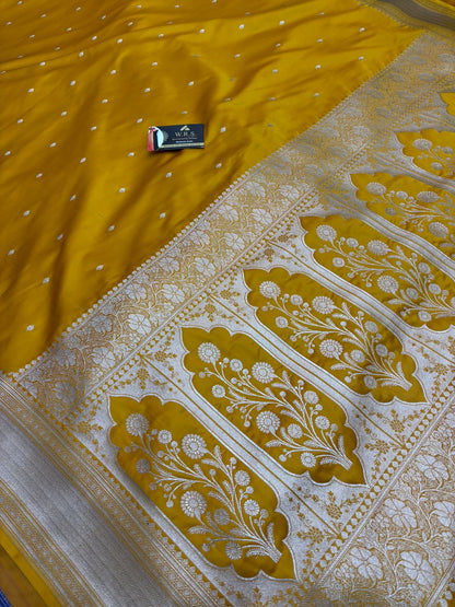 Mustard mushru Banarasi silk Saree Lite Copper Elegant