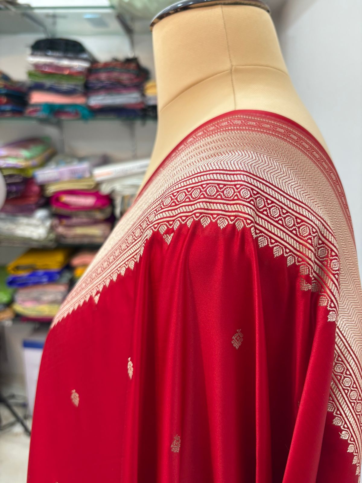 Red mushru banarasi silk saree lite copper