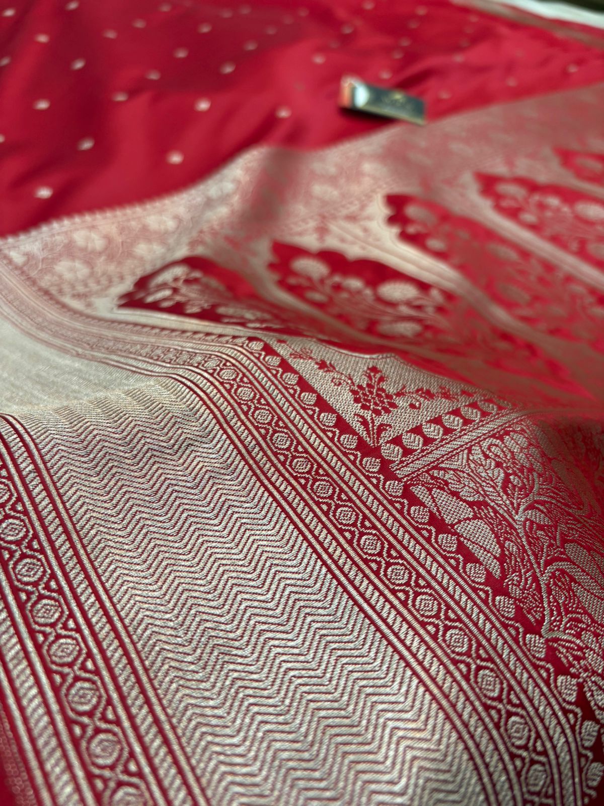 Red mushru banarasi silk saree lite copper