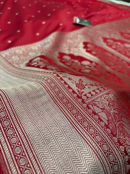 Red mushru banarasi silk saree lite copper