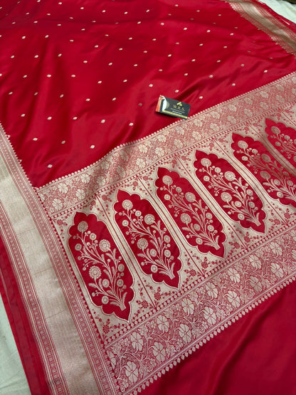 Red mushru banarasi silk saree lite copper