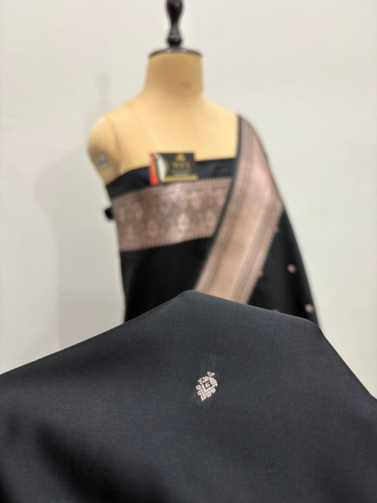 black mushru banarasi silk saree lite copper elegant