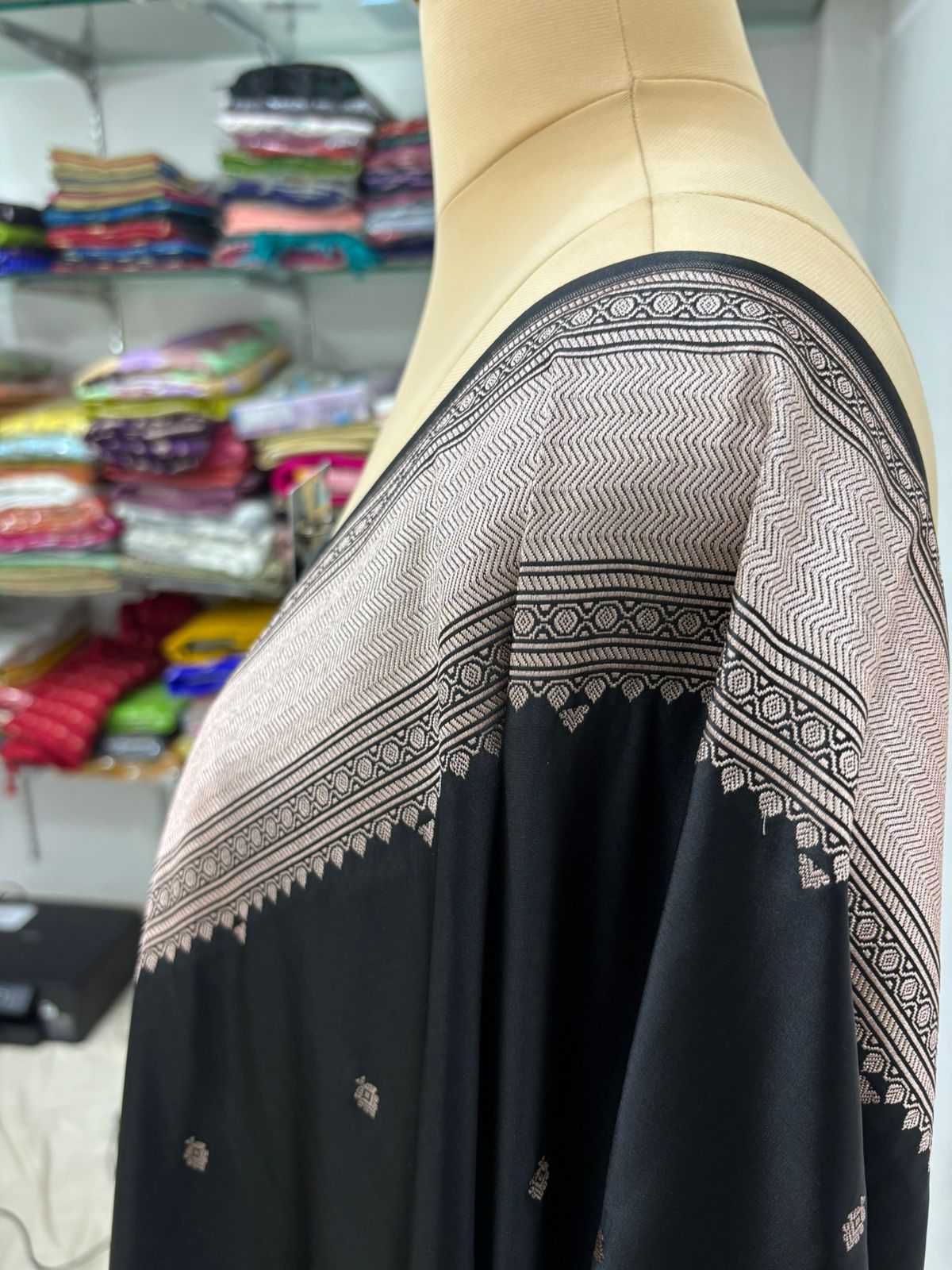 black mushru banarasi silk saree lite copper elegant