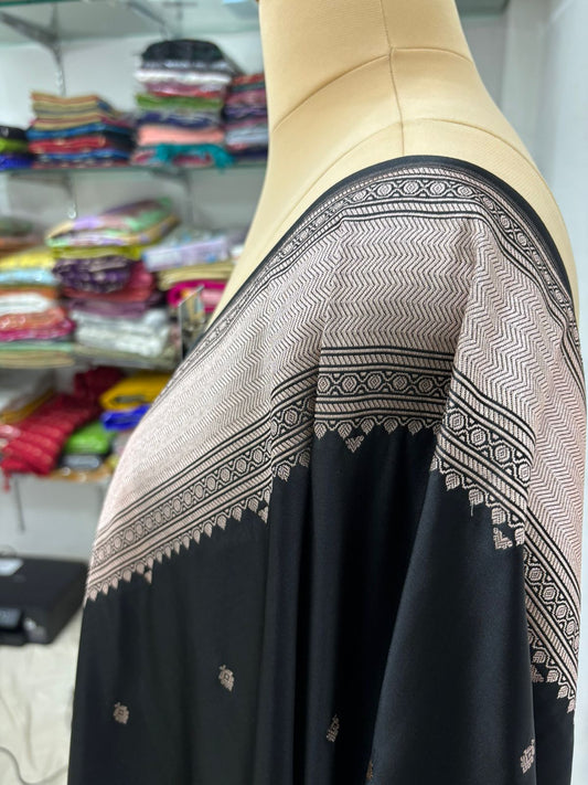 black mushru banarasi silk saree lite copper elegant