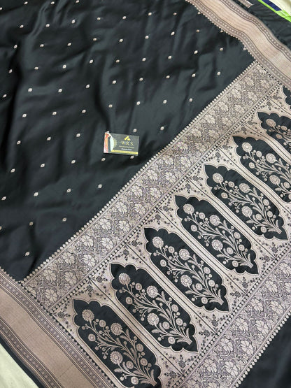 black mushru banarasi silk saree lite copper elegant
