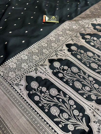 black mushru banarasi silk saree lite copper elegant