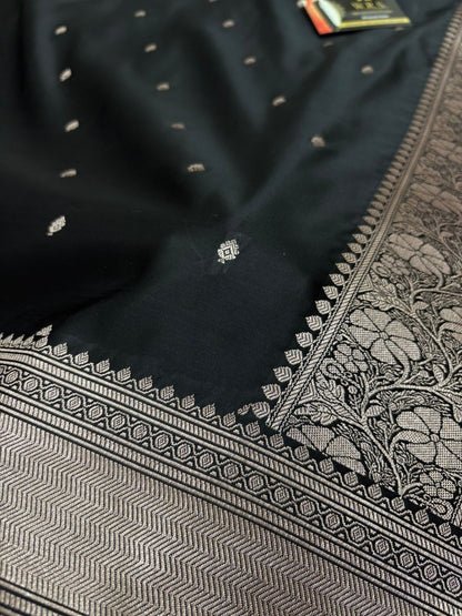 black mushru banarasi silk saree lite copper elegant