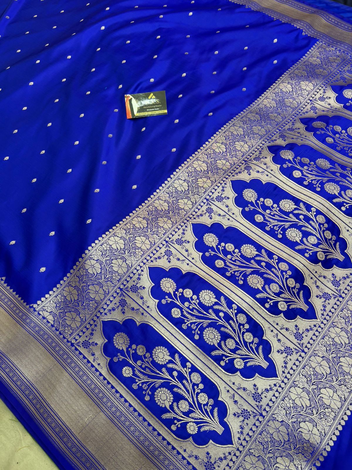 royal blue mushru banarasi silk saree lite copper elegant
