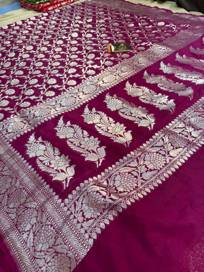 Bottle  green  katan  georgette  banarasi  silk  saree  flower jaal