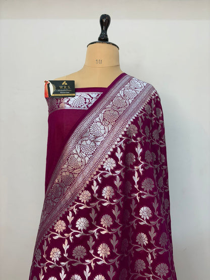 Purple  katan  georgette  banarasi  silk  saree  flower  jaal