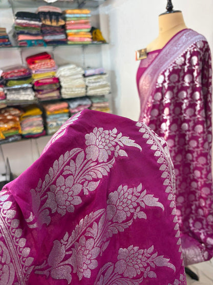 mehand  katan  georgette  banarasi  silk  saree  flower  jaal