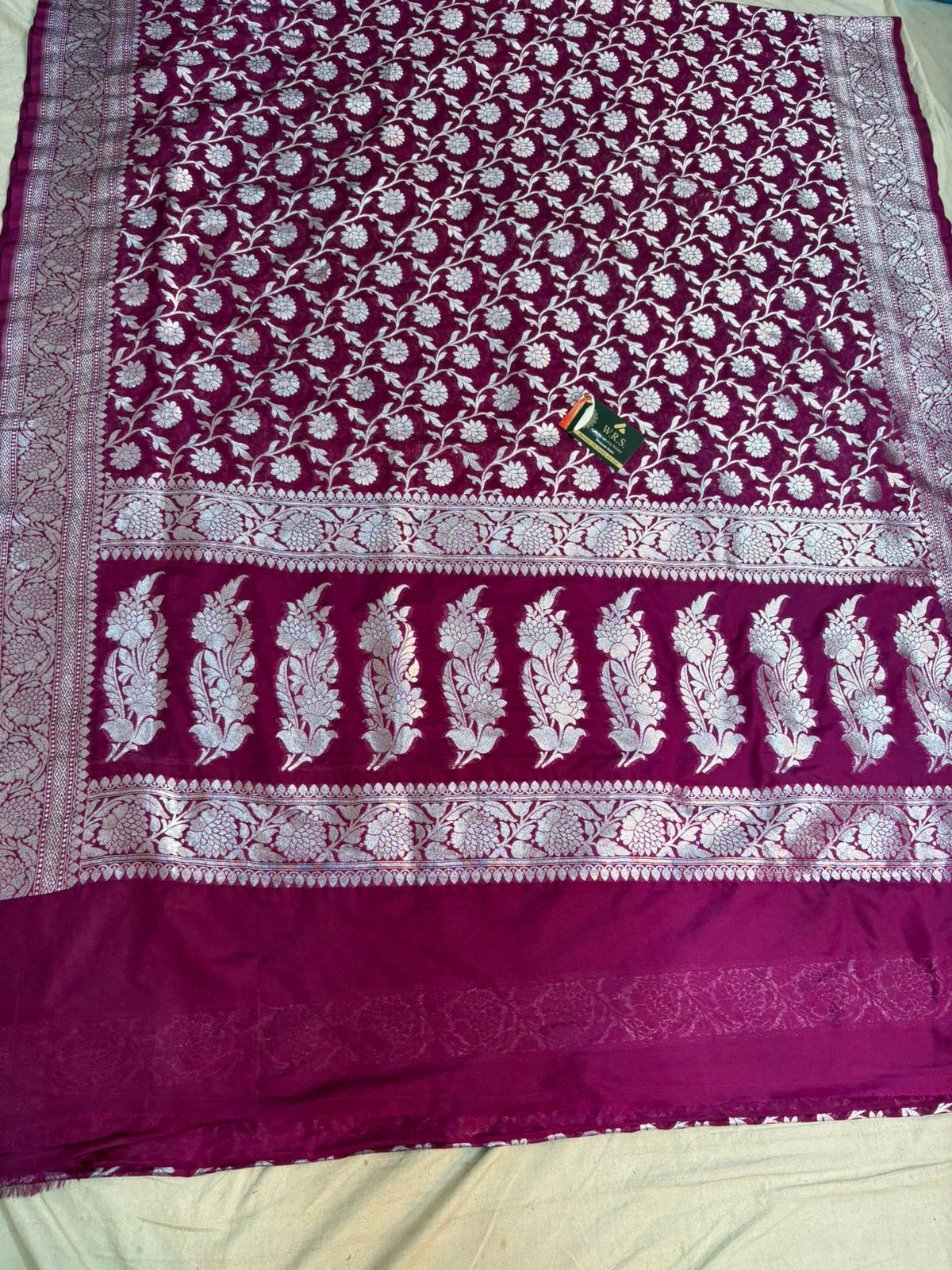 Purple  katan  georgette  banarasi  silk  saree  flower  jaal