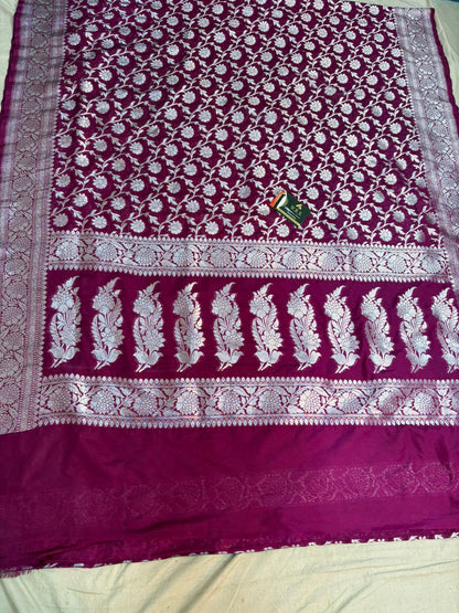 Purple  katan  georgette  banarasi  silk  saree  flower  jaal