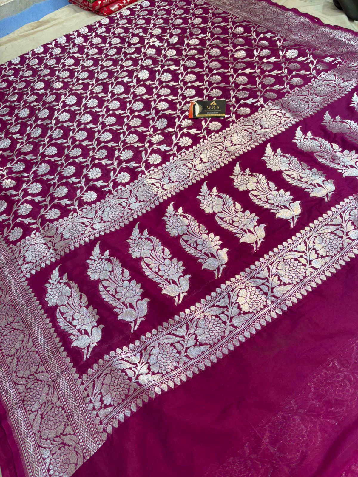 Purple  katan  georgette  banarasi  silk  saree  flower  jaal