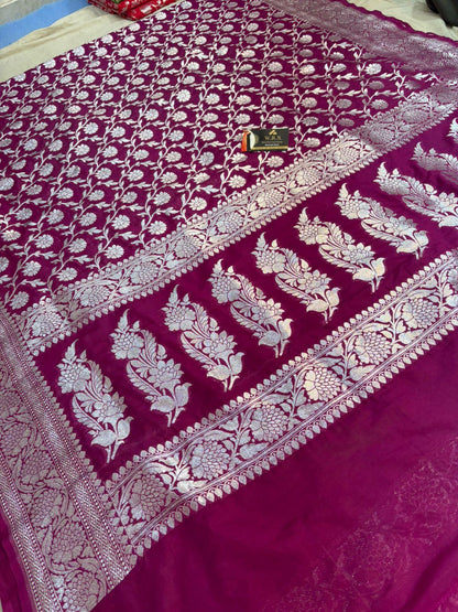 Purple  katan  georgette  banarasi  silk  saree  flower  jaal