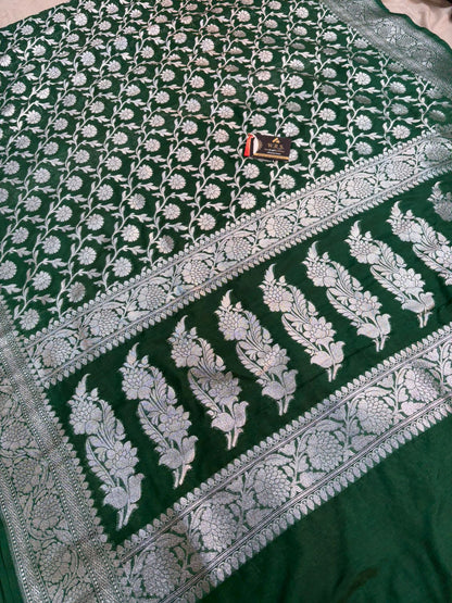 Bottle  green  katan  georgette  banarasi  silk  saree  flower jaal