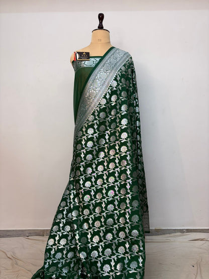 Bottle  green  katan  georgette  banarasi  silk  saree  flower jaal