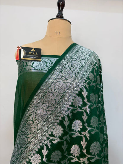 Bottle  green  katan  georgette  banarasi  silk  saree  flower jaal