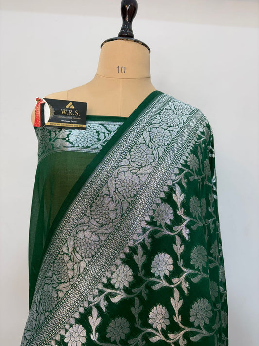 Bottle  green  katan  georgette  banarasi  silk  saree  flower jaal