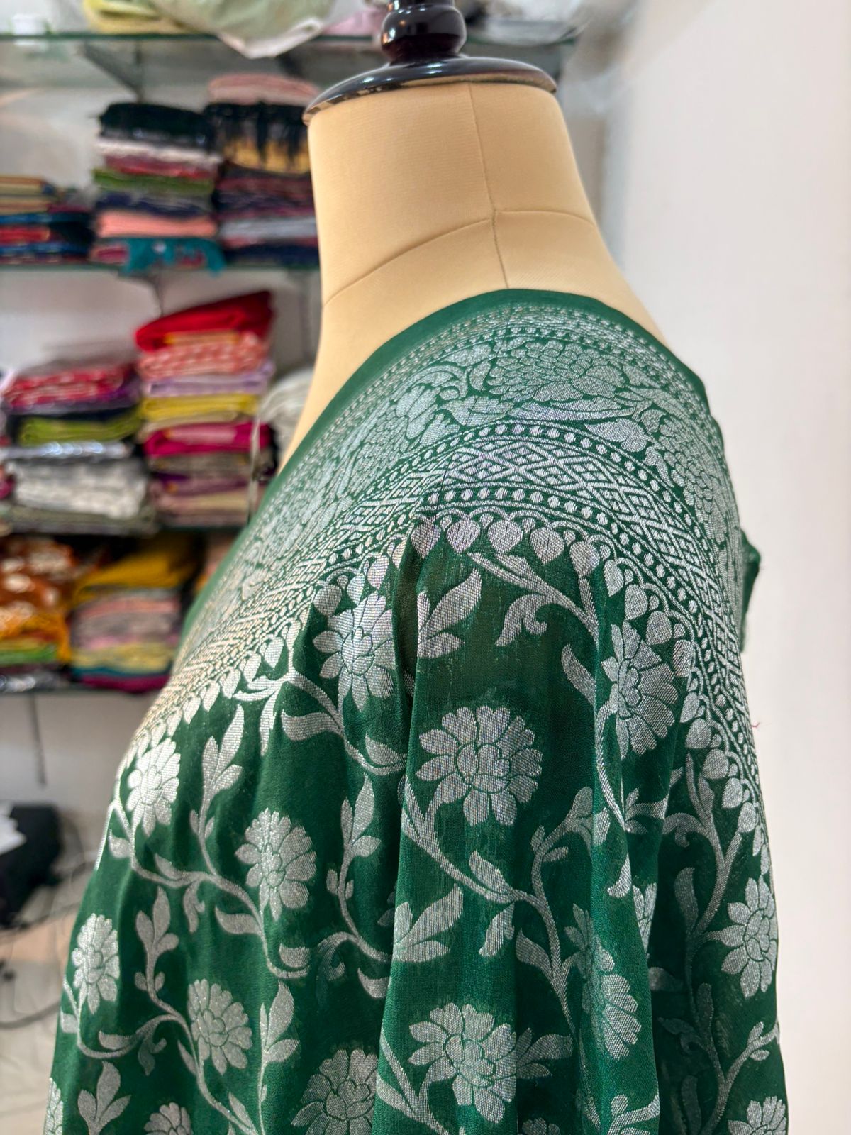 Bottle  green  katan  georgette  banarasi  silk  saree  flower jaal