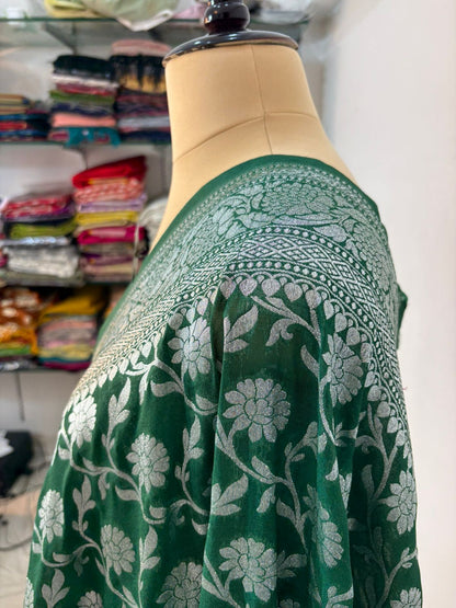 Bottle  green  katan  georgette  banarasi  silk  saree  flower jaal