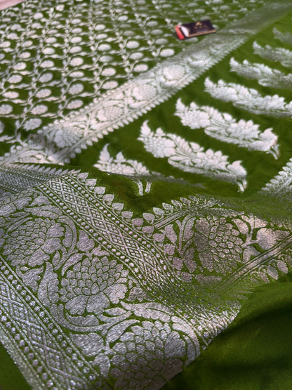 Bottle  green  katan  georgette  banarasi  silk  saree  flower jaal