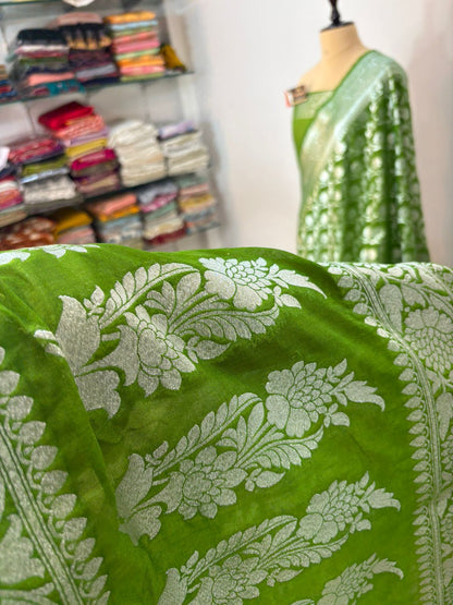 mehand  katan  georgette  banarasi  silk  saree  flower  jaal