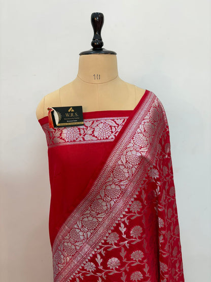 Red  katan  georgette  banarasi  silk  saree  flower  jaal