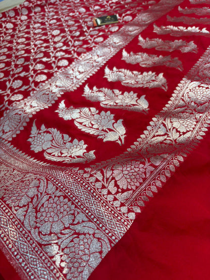 Bottle  green  katan  georgette  banarasi  silk  saree  flower jaal