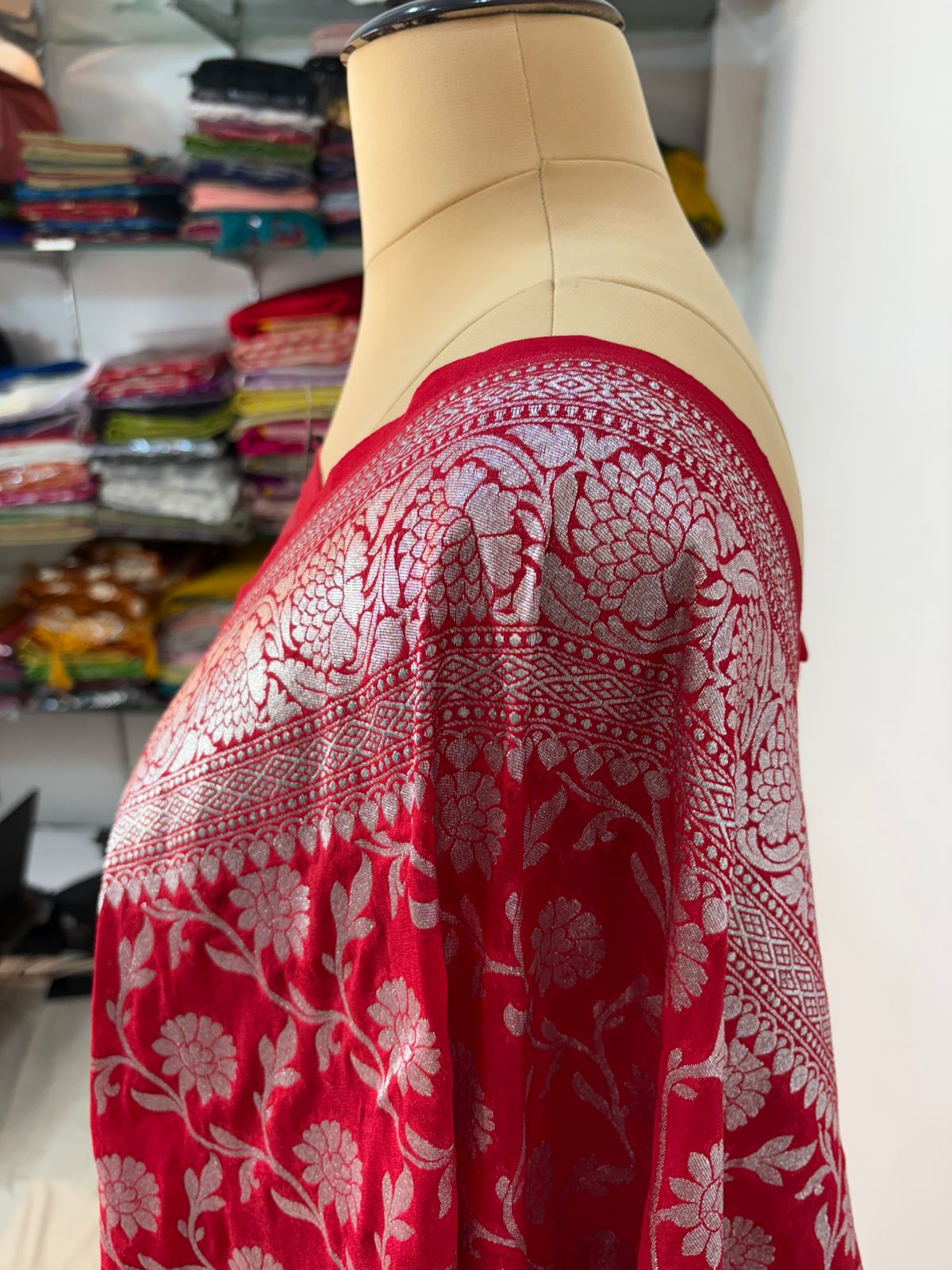 Red  katan  georgette  banarasi  silk  saree  flower  jaal