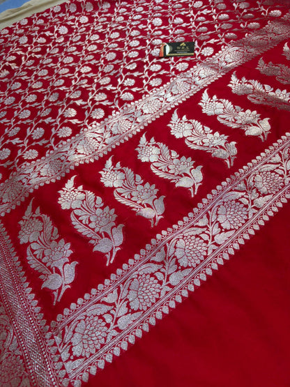 Red  katan  georgette  banarasi  silk  saree  flower  jaal
