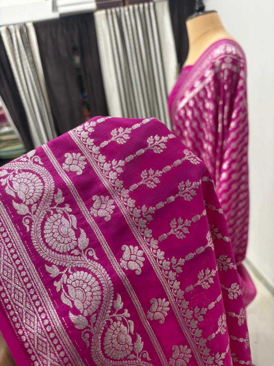 Purple  katan  georgette  banarasi  silk  nsaree  latar  buti