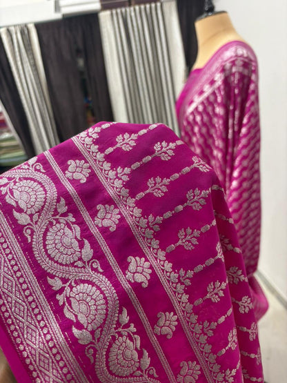 Purple  katan  georgette  banarasi  silk  nsaree  latar  buti