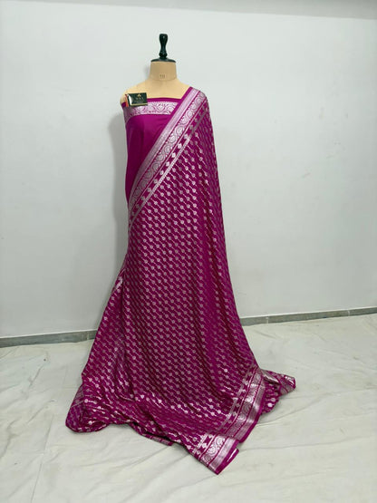 Purple  katan  georgette  banarasi  silk  nsaree  latar  buti