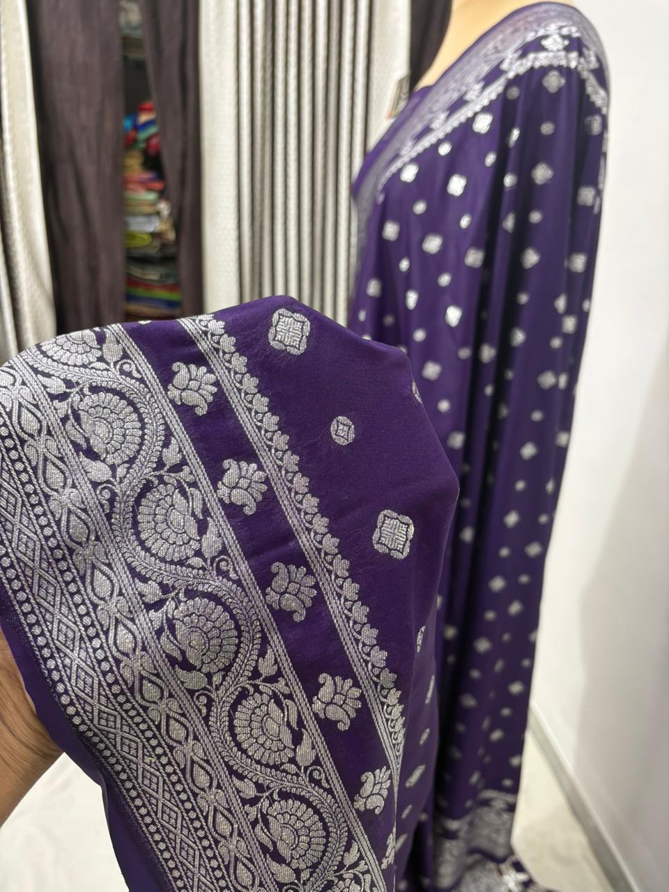 Navy blue  katan  georgette  banarasi  silk  saree  latar buti  elegant