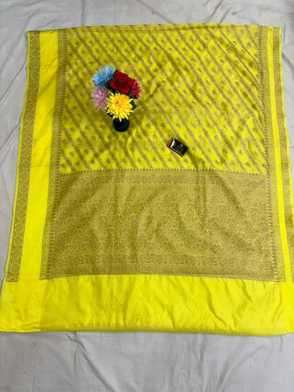 lemon worm banarasi silk saree ada buti blouse zari work