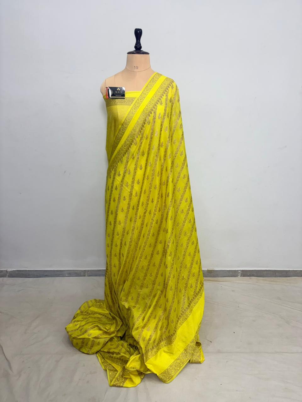 lemon worm banarasi silk saree ada buti blouse zari work