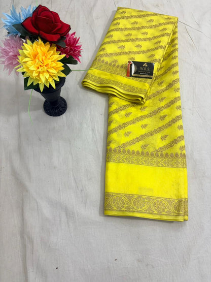 lemon worm banarasi silk saree ada buti blouse zari work